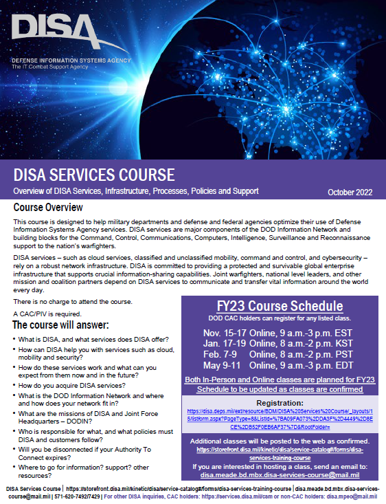 Image preview of the DISA Services Course Fact Sheet FY23