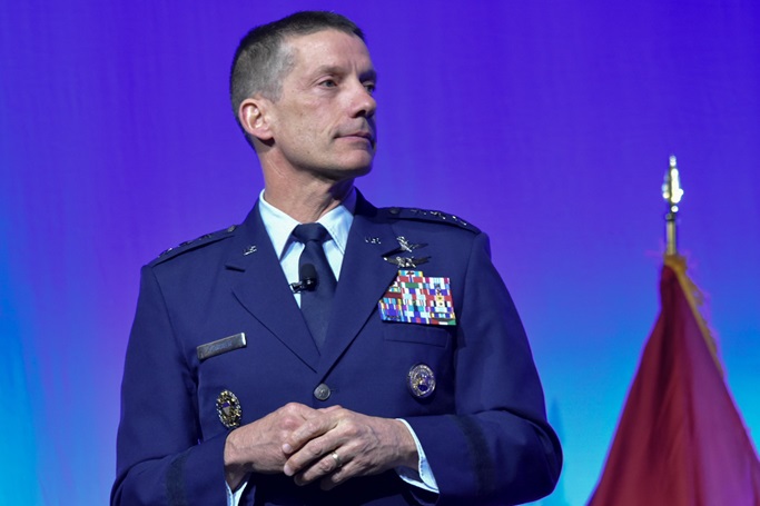 DISA Director delivers a keynote address during the AFCEA TechNet Cyber conference in Baltimore, May 2, 2023. 