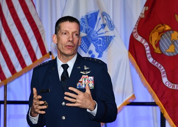 Air Force Lt. Gen. Robert J. Skinner provides the keynote address during the 2022 AFCEA TechNet Cyber conference 