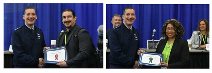 Air Force Lt. Gen Robert J. Skinner, DISA director and JFHQ-DODIN commander, presents (from left to right) Chris Durham and Cynthia Bowman-Rooths, second and third place certificates, respectively, for their presentations during the DISA Small Business Elevator Pitch competition during AFCEA TechNet Cyber in Baltimore, May 3, 2023. (DISA photos by David Marin)