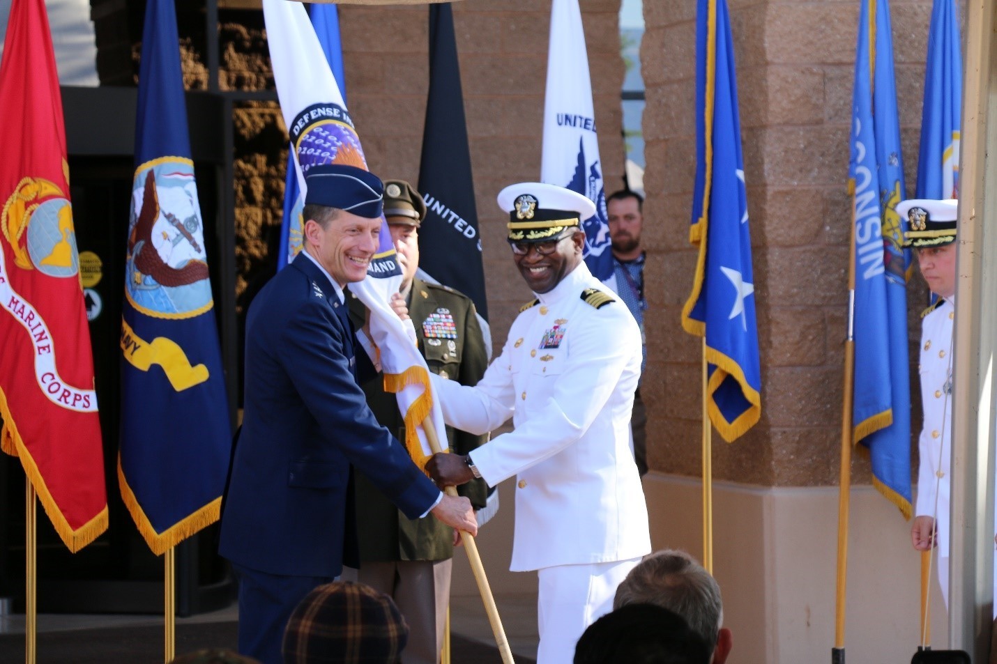 Photo of U.S. DISA Director Lt. Gen. Skinner and U.S. Navy Capt. Anthony Saxon 