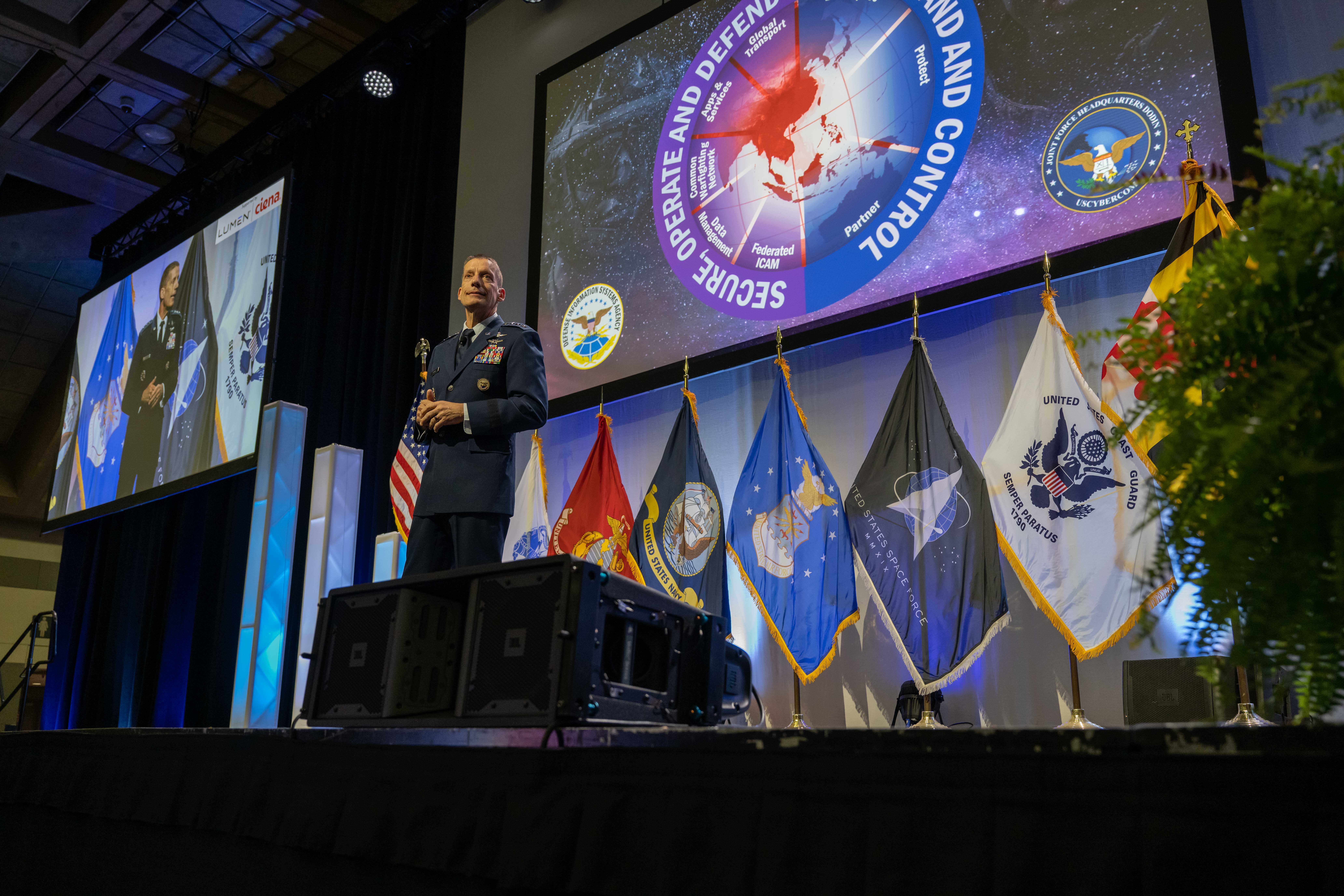 Photo of Air Force Lt. Gen. Robert J. Skinner, DISA director and JFHQ-DODIN commander, delivering a keynote address during AFCEA TechNet Cyber 2024. (DISA photo by David Abizaid)