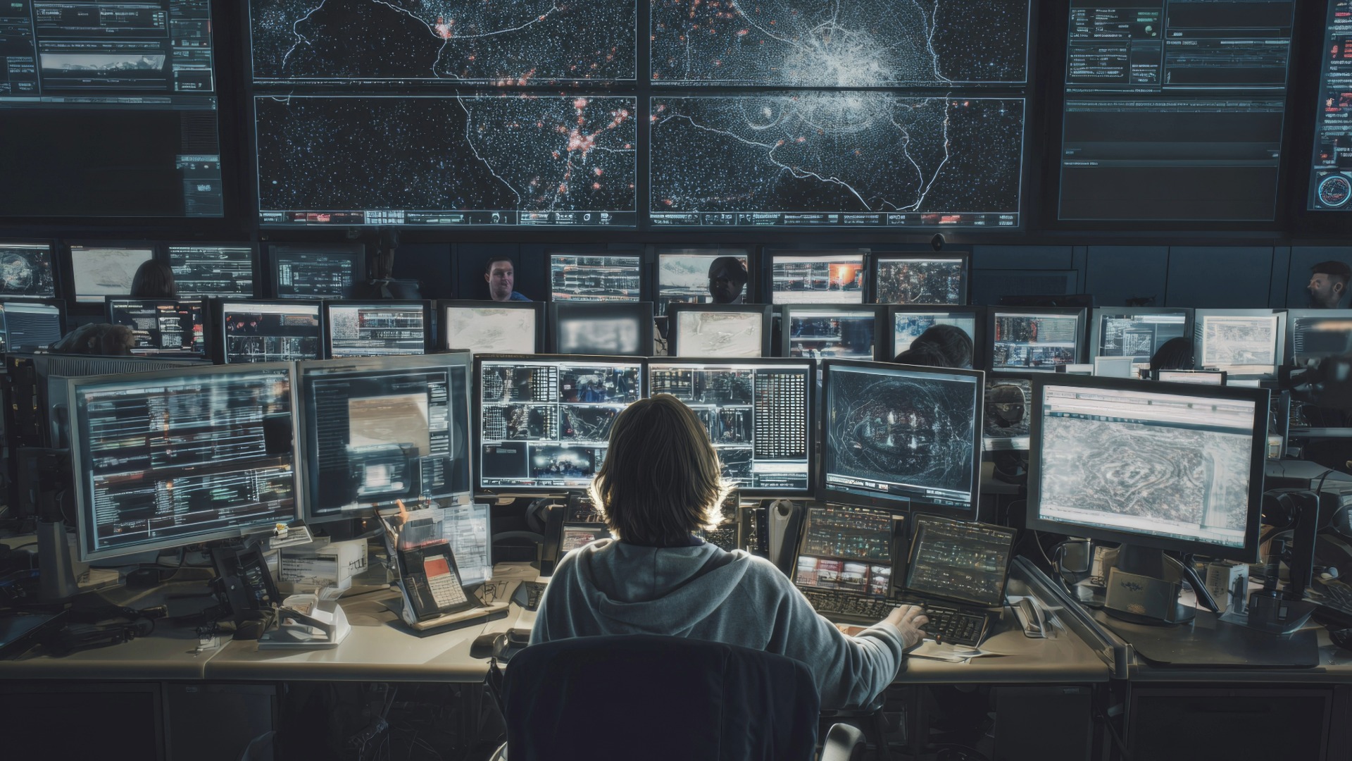 AI generated image of a command center with person sitting in the bottom center surrounded by monitors displaying maps, graphs and other cyber related images. There are two other rows of people and monitors behind the first row and to the back of the image there is a wall-sized display of a map and cyber graphics.