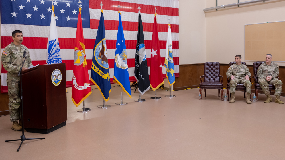 Photo of Army Col. Ivan Alvarado delivering remarks during the DISA Central change of command ceremony