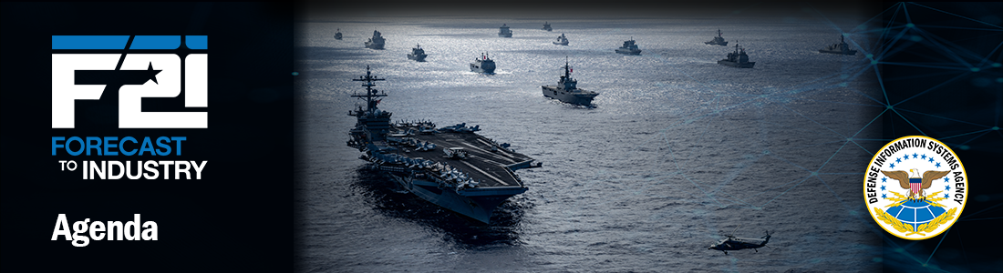 Banner includes the F2I logo on the left with the text "Agenda" written below it. There is an image of a U.S. Navy aircraft carrier leading a fleet of 12 ships and a helicopter in the middle, and a DISA seal on the right.
