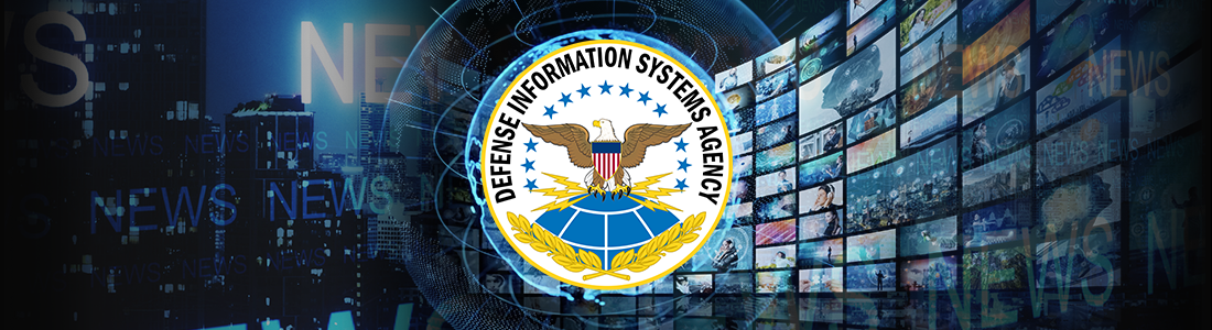 Banner image with the DISA seal in the middle with a stack of screens with different images curving out from behind on the right. In the background is a cityscape with the word "news" faintly shown throughout the image.