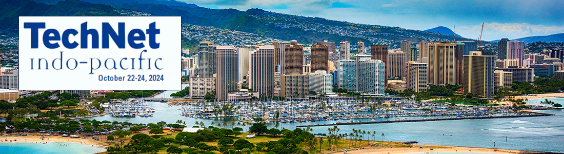 Banner for TechNet Indo-Pacific with an image of Waikiki Hawaii, with a text box on the upper left corner with the text, "TechNet Indo-Pacific Oct.  22-24"